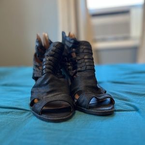 Black Leather Woven Heels